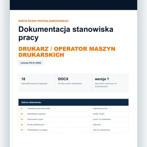 Karta oceny ryzyka zawodowego - Drukarz / operator maszyn drukarskich, edytowalny dokument DOCX