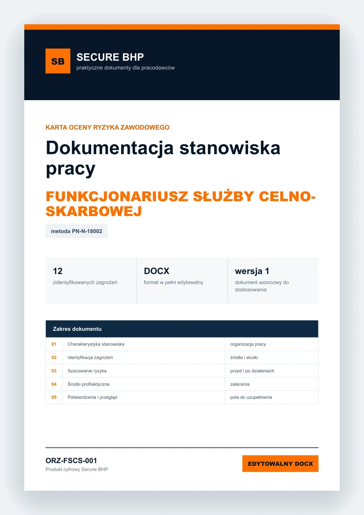 Karta oceny ryzyka zawodowego - Funkcjonariusz Służby Celno-Skarbowej, edytowalny dokument DOCX