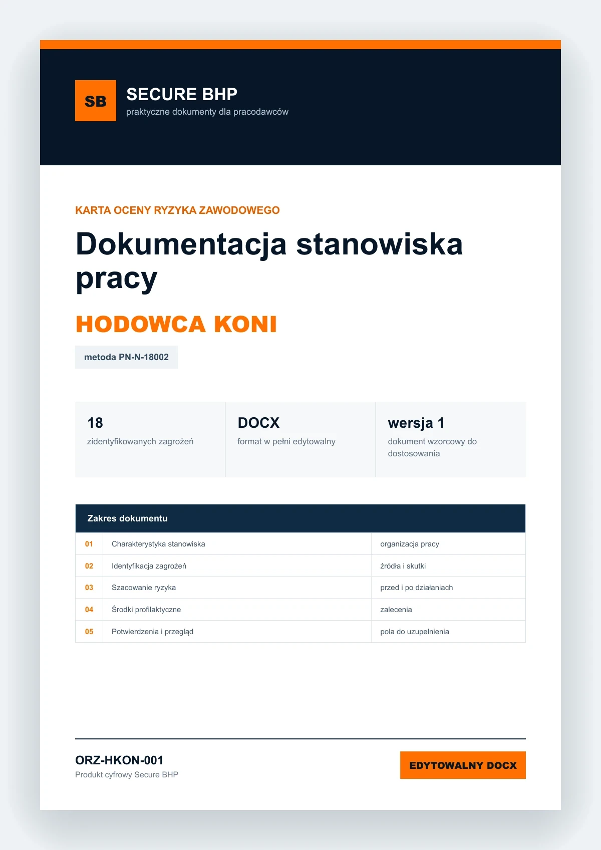 Karta oceny ryzyka zawodowego - Hodowca koni, edytowalny dokument DOCX