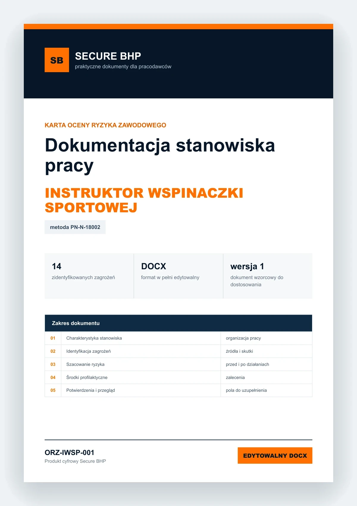 Karta oceny ryzyka zawodowego - Instruktor wspinaczki sportowej, edytowalny dokument DOCX