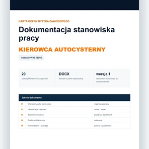 Karta oceny ryzyka zawodowego - Kierowca autocysterny, edytowalny dokument DOCX