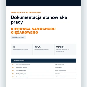 Karta oceny ryzyka zawodowego - Kierowca samochodu ciężarowego, edytowalny dokument DOCX