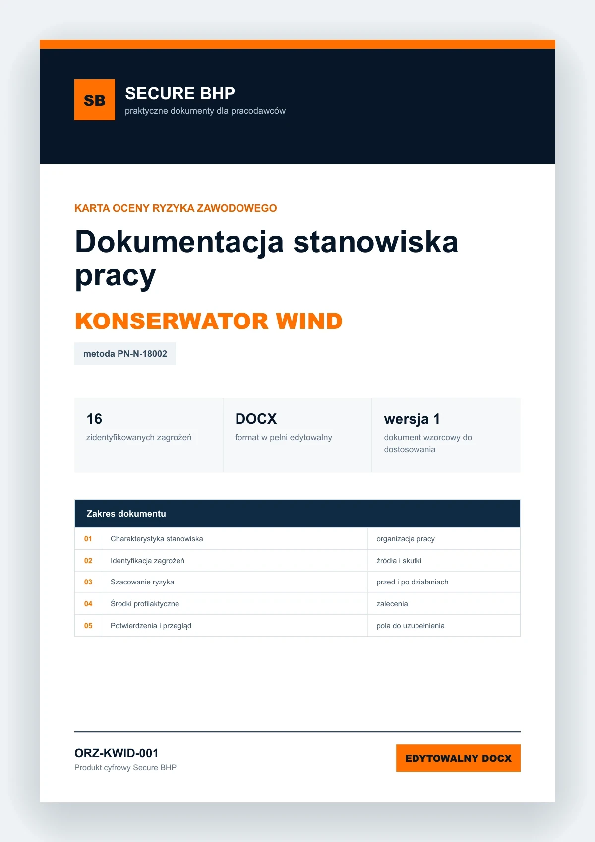 Karta oceny ryzyka zawodowego - Konserwator wind, edytowalny dokument DOCX