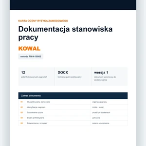 Karta oceny ryzyka zawodowego - Kowal, edytowalny dokument DOCX
