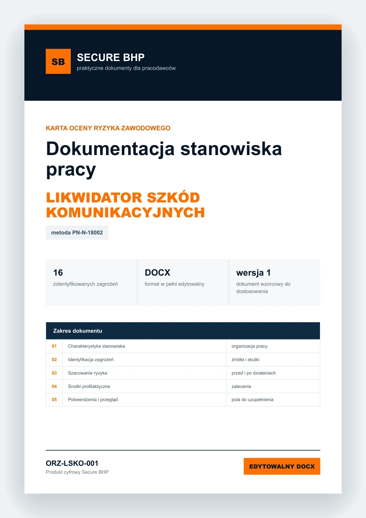 Karta oceny ryzyka zawodowego - Likwidator szkód komunikacyjnych, edytowalny dokument DOCX