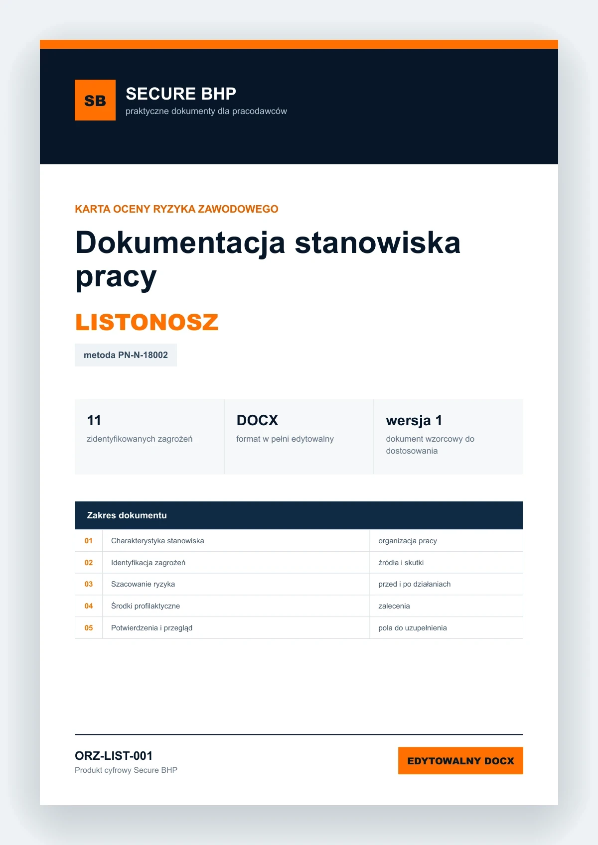 Karta oceny ryzyka zawodowego - Listonosz, edytowalny dokument DOCX