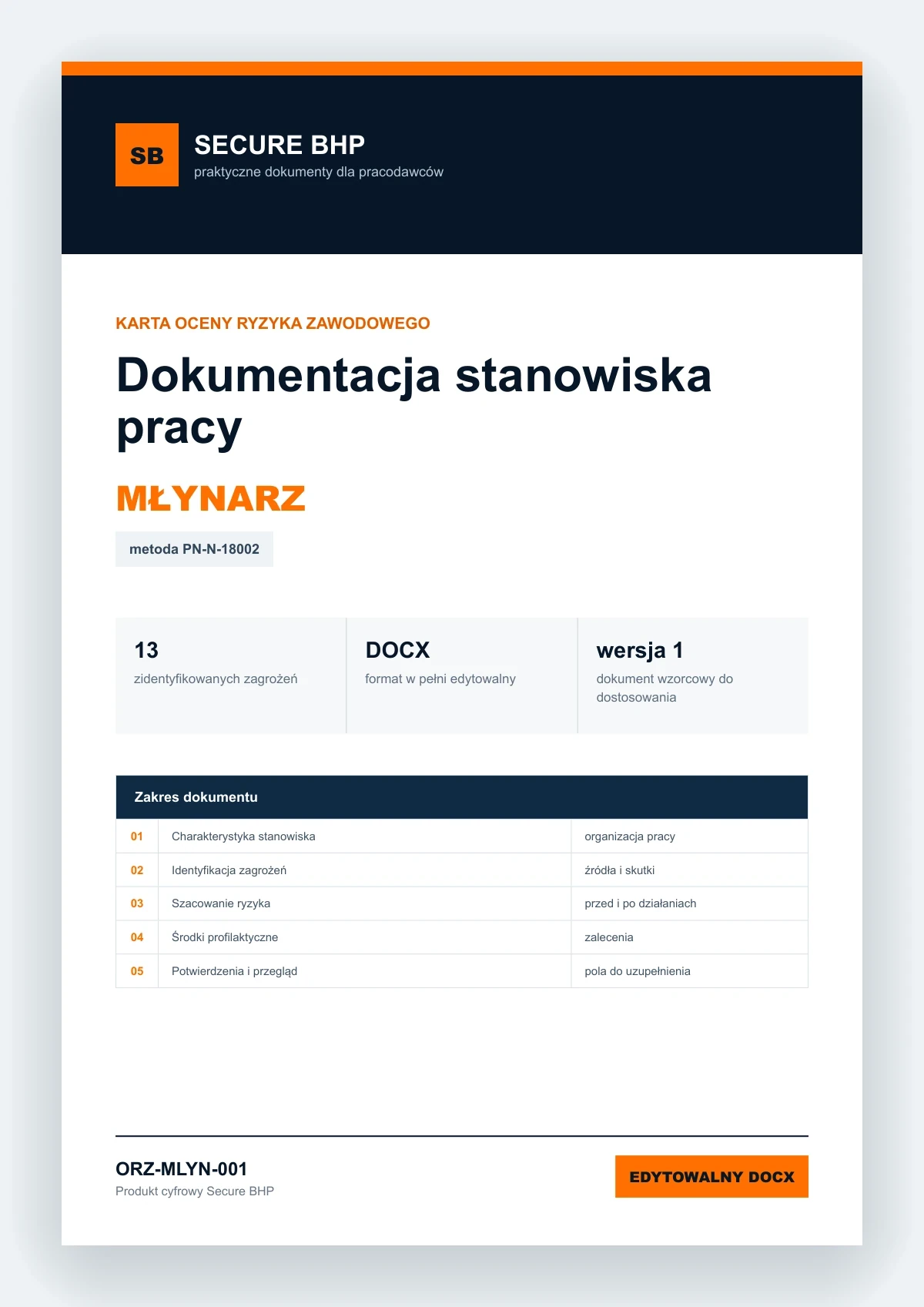 Karta oceny ryzyka zawodowego - Młynarz, edytowalny dokument DOCX