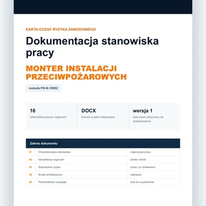 Karta oceny ryzyka zawodowego - Monter instalacji przeciwpożarowych, edytowalny dokument DOCX