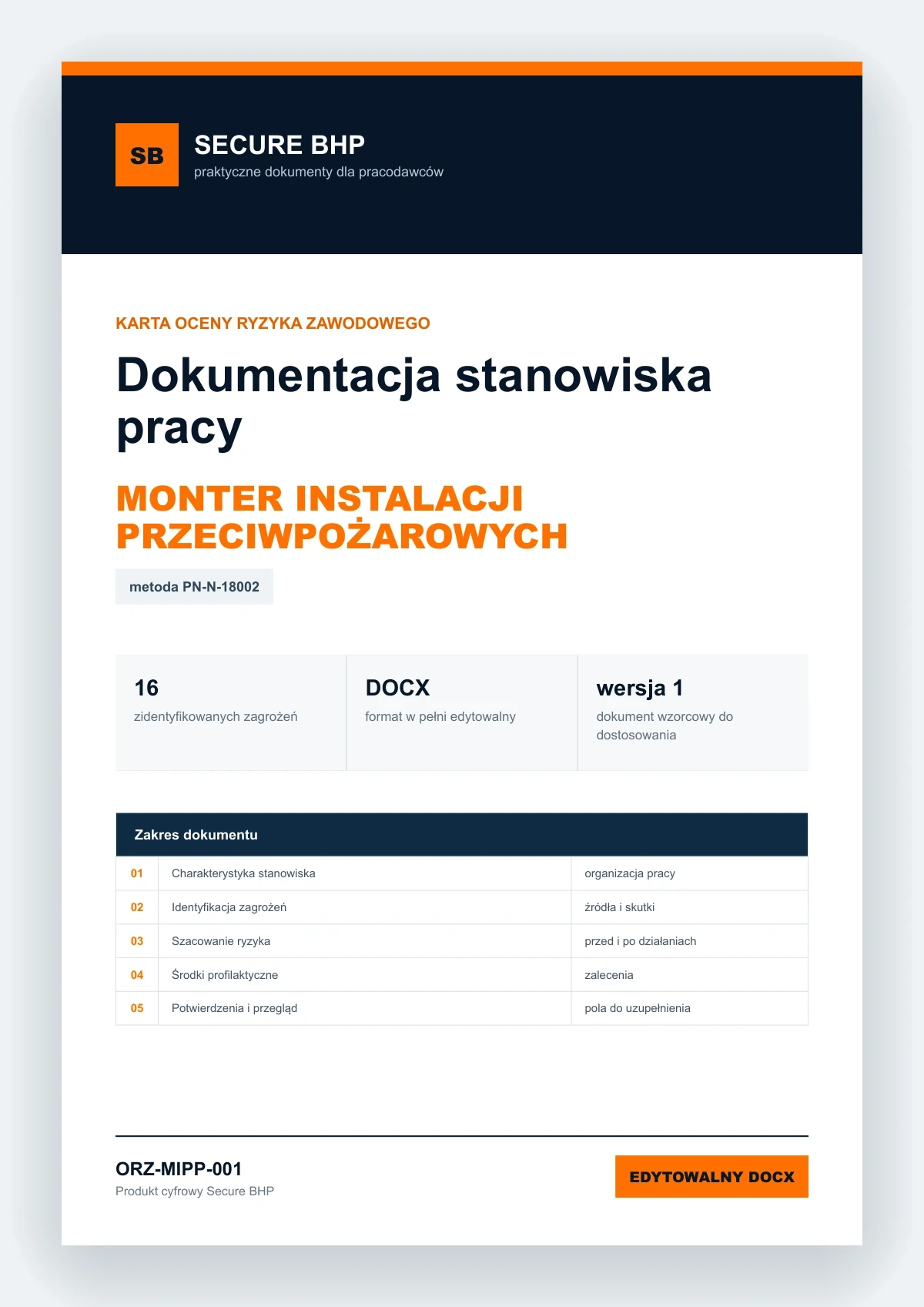 Karta oceny ryzyka zawodowego - Monter instalacji przeciwpożarowych, edytowalny dokument DOCX