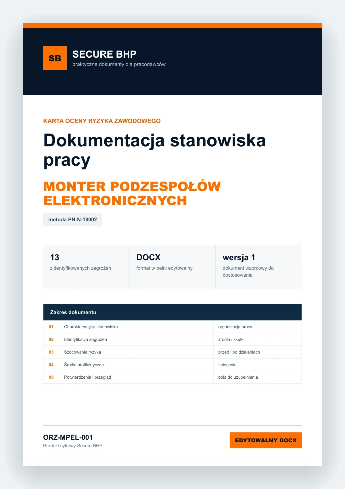 Karta oceny ryzyka zawodowego - Monter podzespołów elektronicznych, edytowalny dokument DOCX