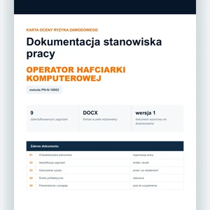 Karta oceny ryzyka zawodowego - Operator hafciarki komputerowej, edytowalny dokument DOCX