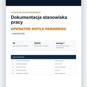 Karta oceny ryzyka zawodowego - Operator kotła parowego, edytowalny dokument DOCX