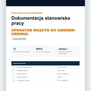 Karta oceny ryzyka zawodowego - Operator maszyn do obróbki drewna, edytowalny dokument DOCX