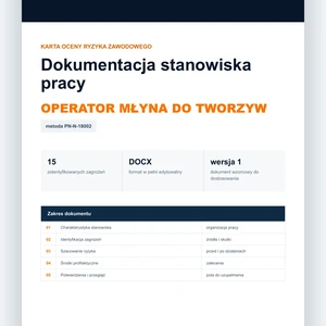 Karta oceny ryzyka zawodowego - Operator młyna do tworzyw, edytowalny dokument DOCX