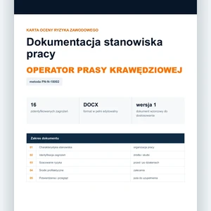 Karta oceny ryzyka zawodowego - Operator prasy krawędziowej, edytowalny dokument DOCX