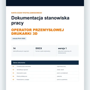 Karta oceny ryzyka zawodowego - Operator przemysłowej drukarki 3D, edytowalny dokument DOCX