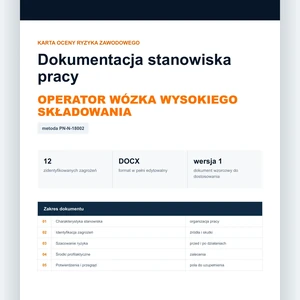 Karta oceny ryzyka zawodowego - Operator wózka wysokiego składowania, edytowalny dokument DOCX