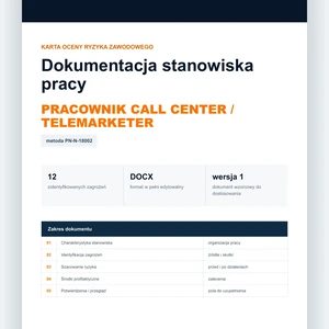 Karta oceny ryzyka zawodowego - Pracownik call center / telemarketer, edytowalny dokument DOCX