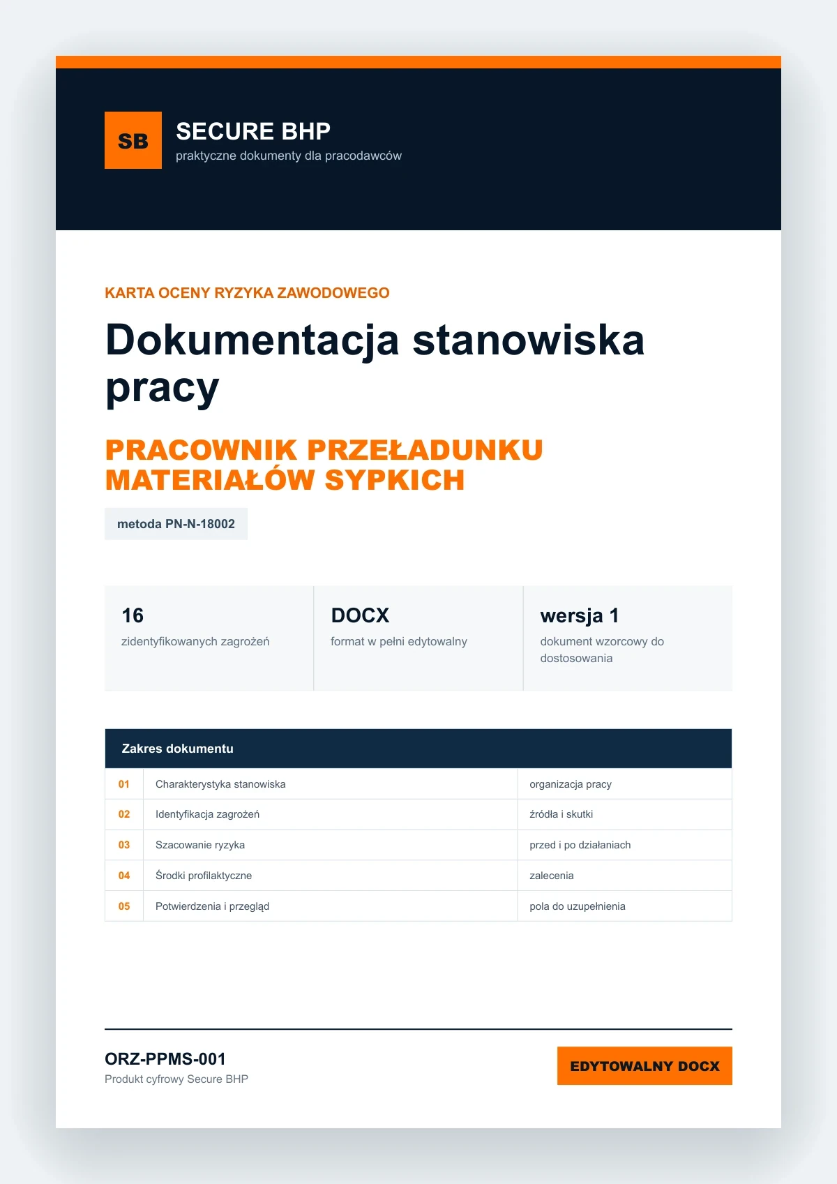 Karta oceny ryzyka zawodowego - Pracownik przeładunku materiałów sypkich, edytowalny dokument DOCX