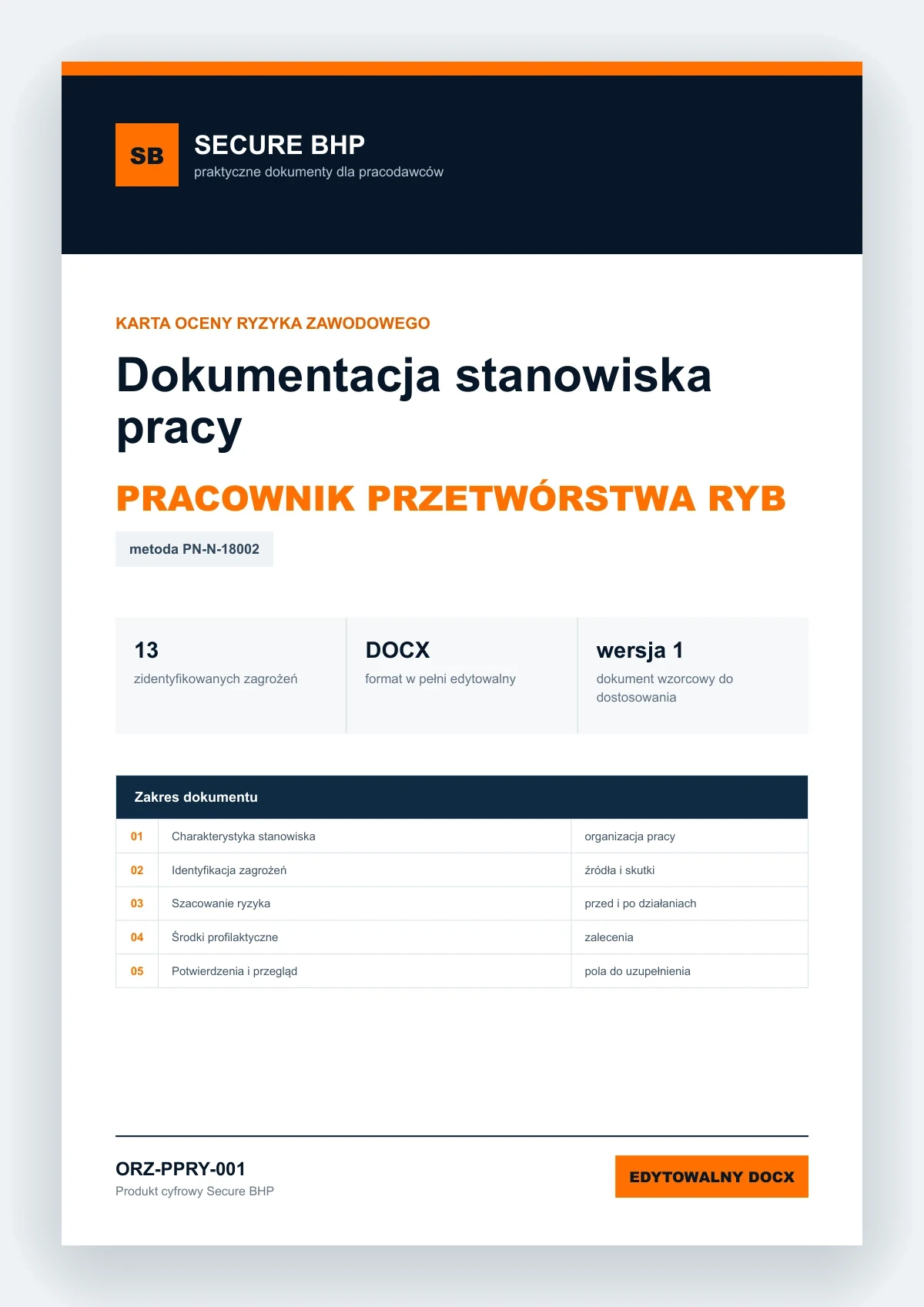 Karta oceny ryzyka zawodowego - Pracownik przetwórstwa ryb, edytowalny dokument DOCX