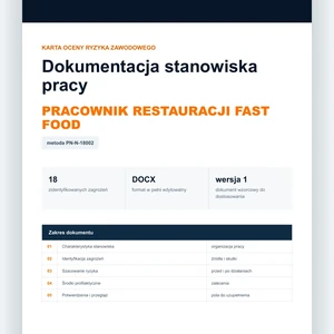 Karta oceny ryzyka zawodowego - Pracownik restauracji fast food, edytowalny dokument DOCX