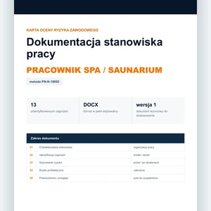 Karta oceny ryzyka zawodowego - Pracownik SPA / saunarium, edytowalny dokument DOCX