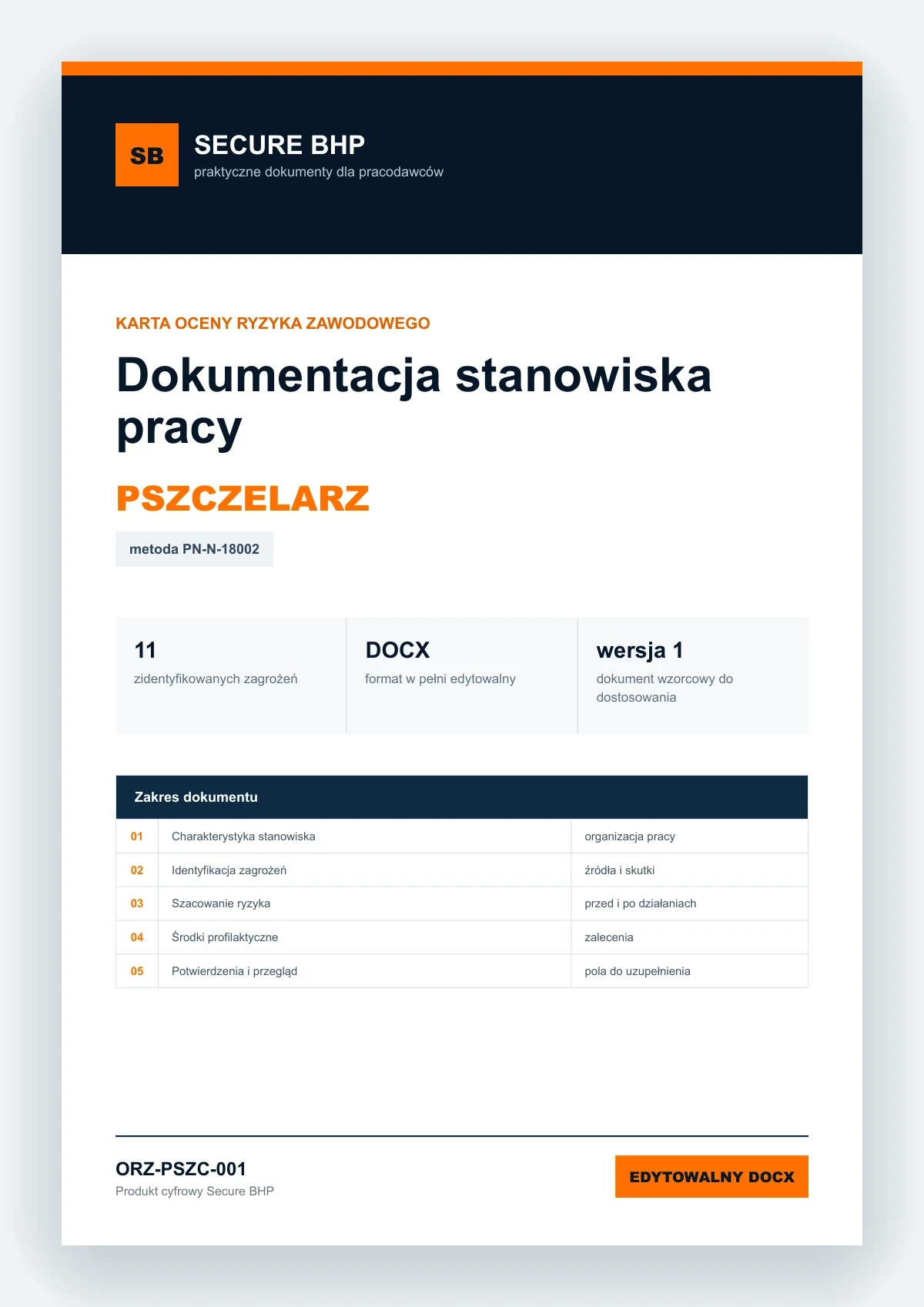 Karta oceny ryzyka zawodowego - Pszczelarz, edytowalny dokument DOCX