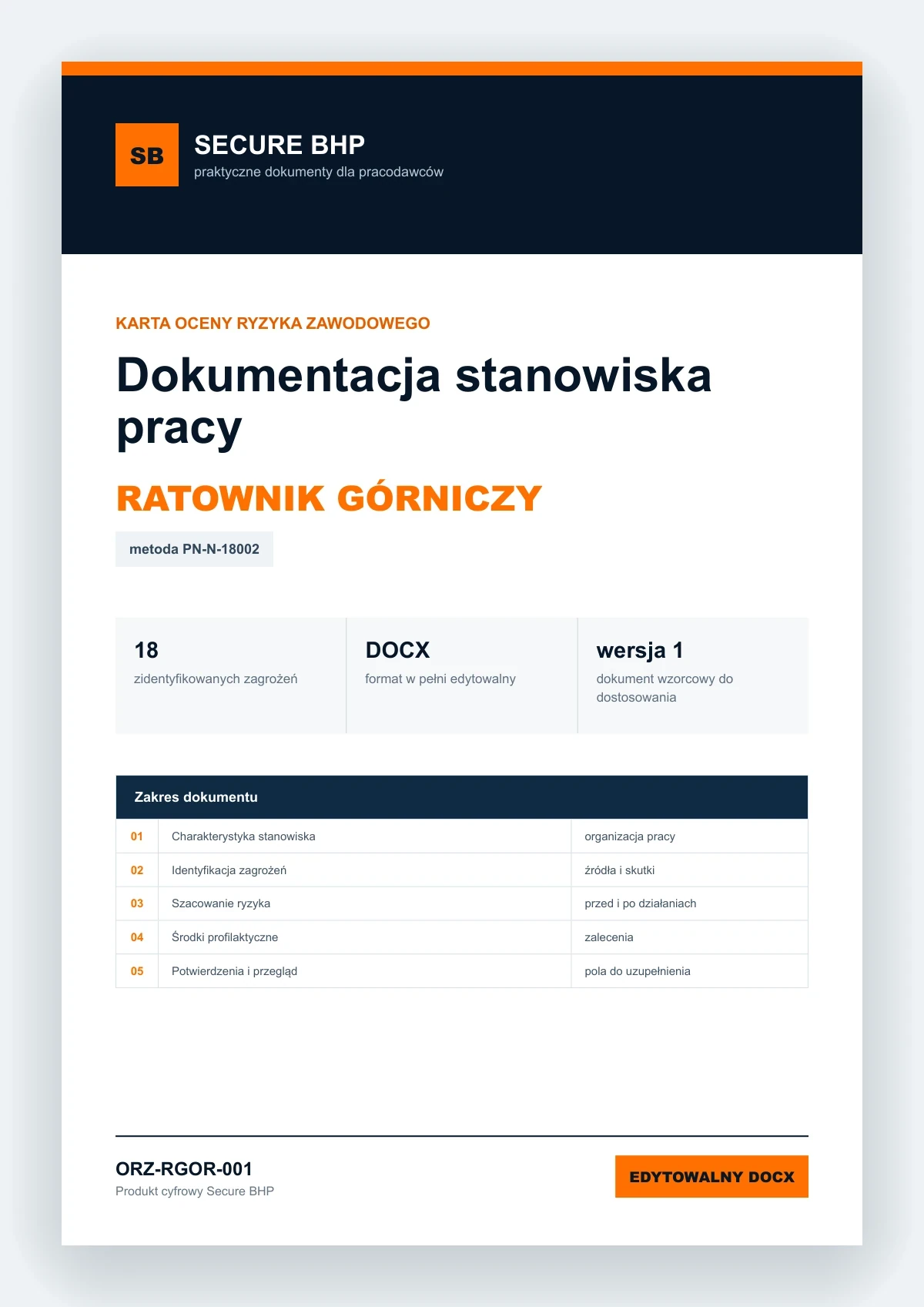 Karta oceny ryzyka zawodowego - Ratownik górniczy, edytowalny dokument DOCX