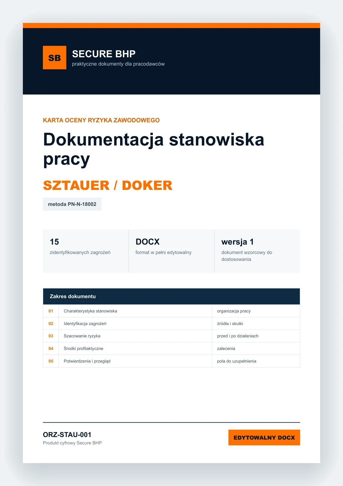 Karta oceny ryzyka zawodowego - Sztauer / doker, edytowalny dokument DOCX
