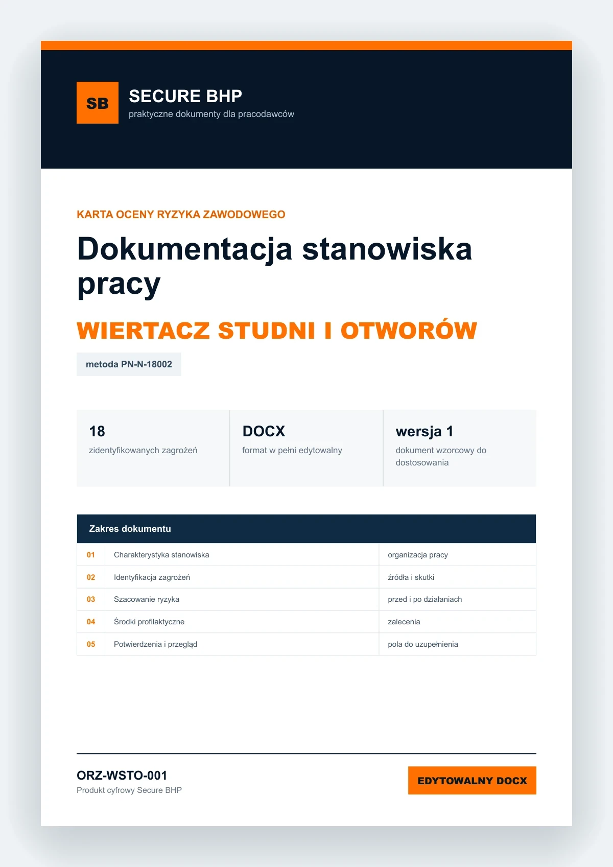 Karta oceny ryzyka zawodowego - Wiertacz studni i otworów, edytowalny dokument DOCX