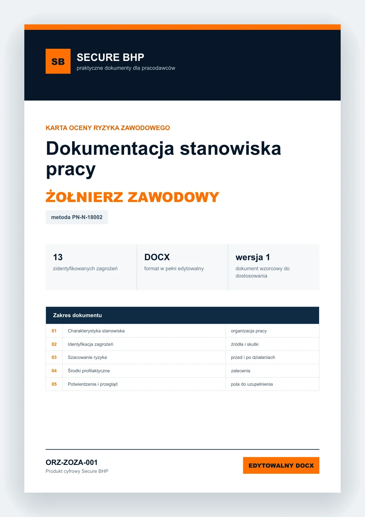 Karta oceny ryzyka zawodowego - Żołnierz zawodowy, edytowalny dokument DOCX